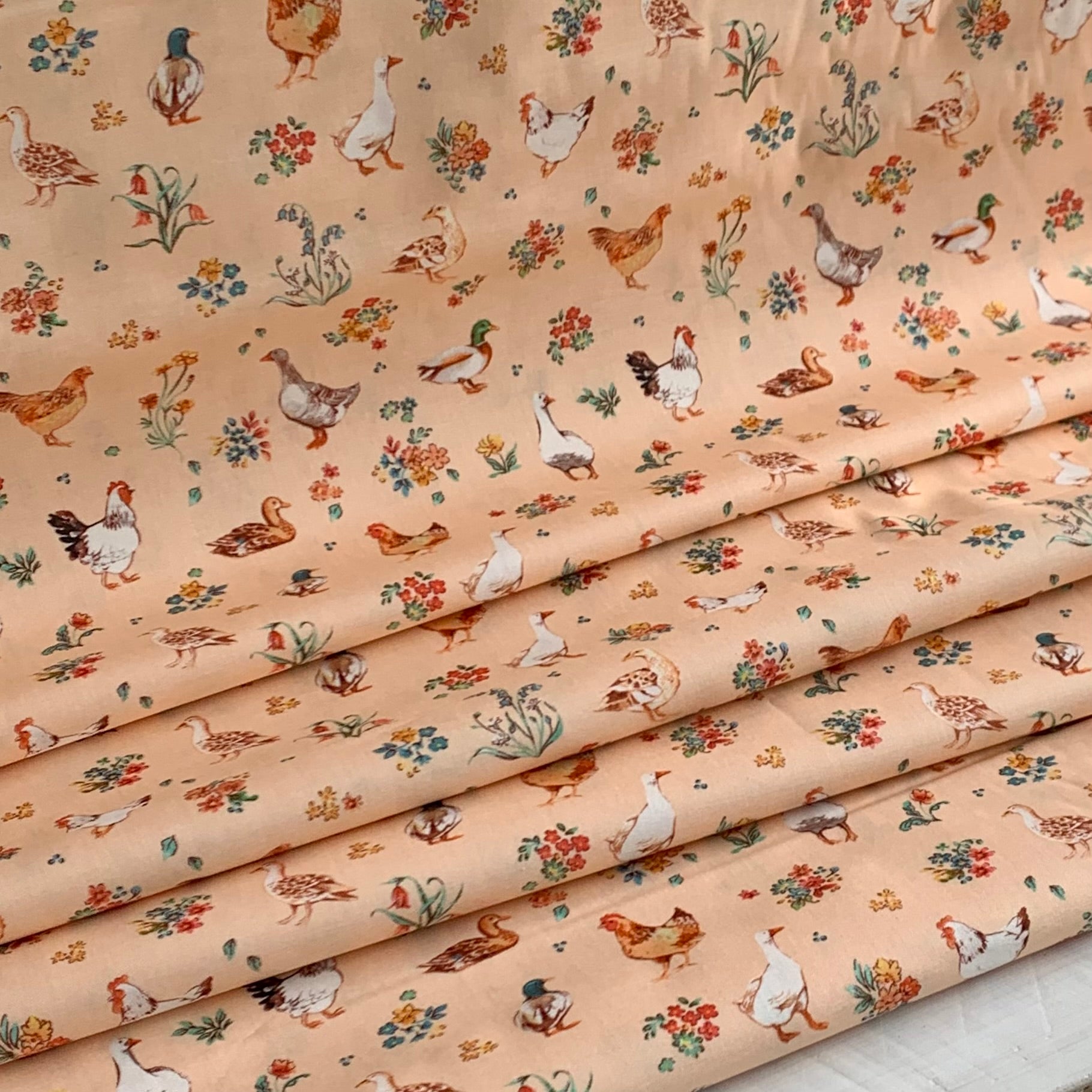 Farm Fowl, Farm Meadow by Clare Therese Gray Windham Fabrics - Peach 52795-8 Cotton Fabric