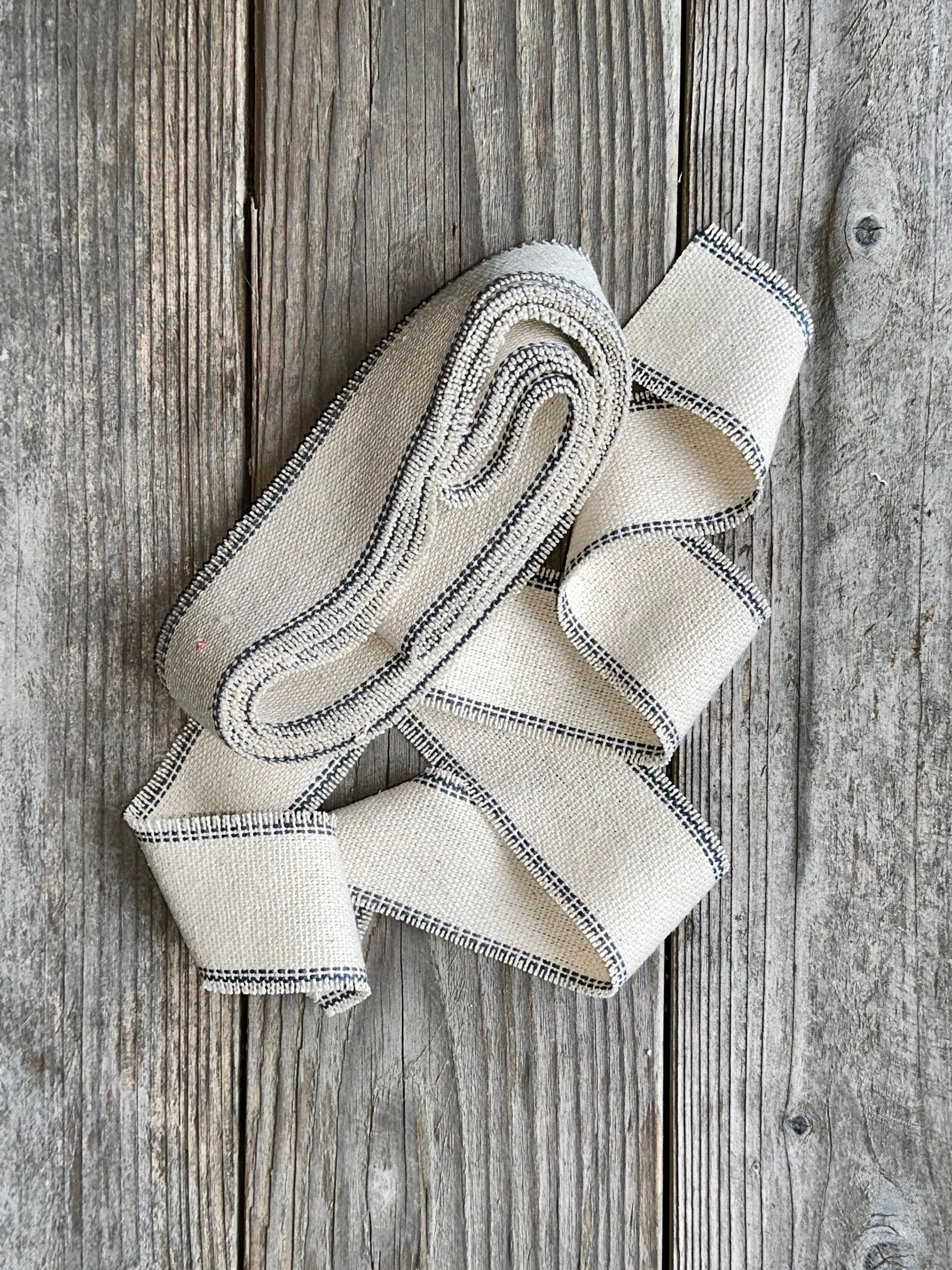 Grain Sack Ribbon - Navy and Cream Striped Frayed Edge - 2" Wide