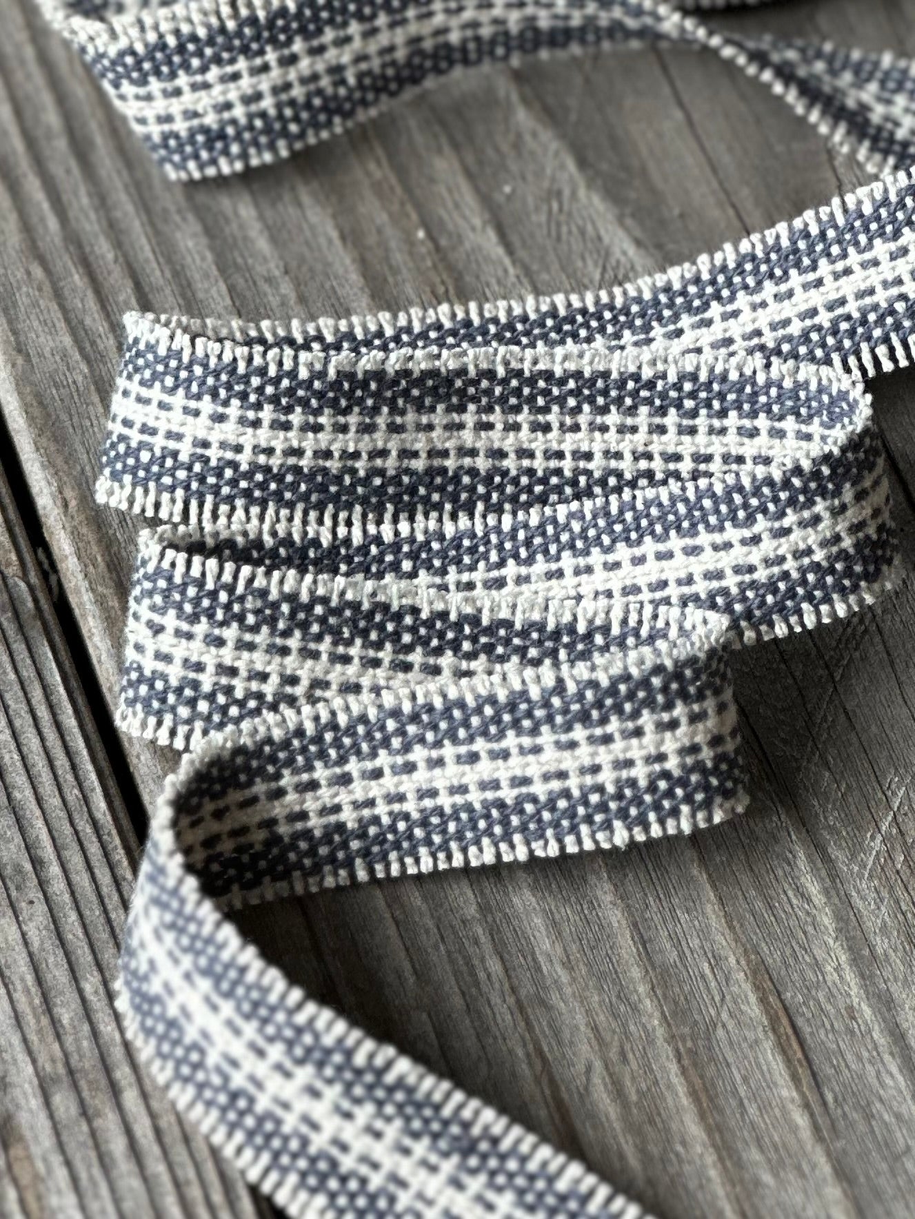 Grain Sack Ribbon - Navy and Cream Striped Frayed Edge - 3/4" Wide