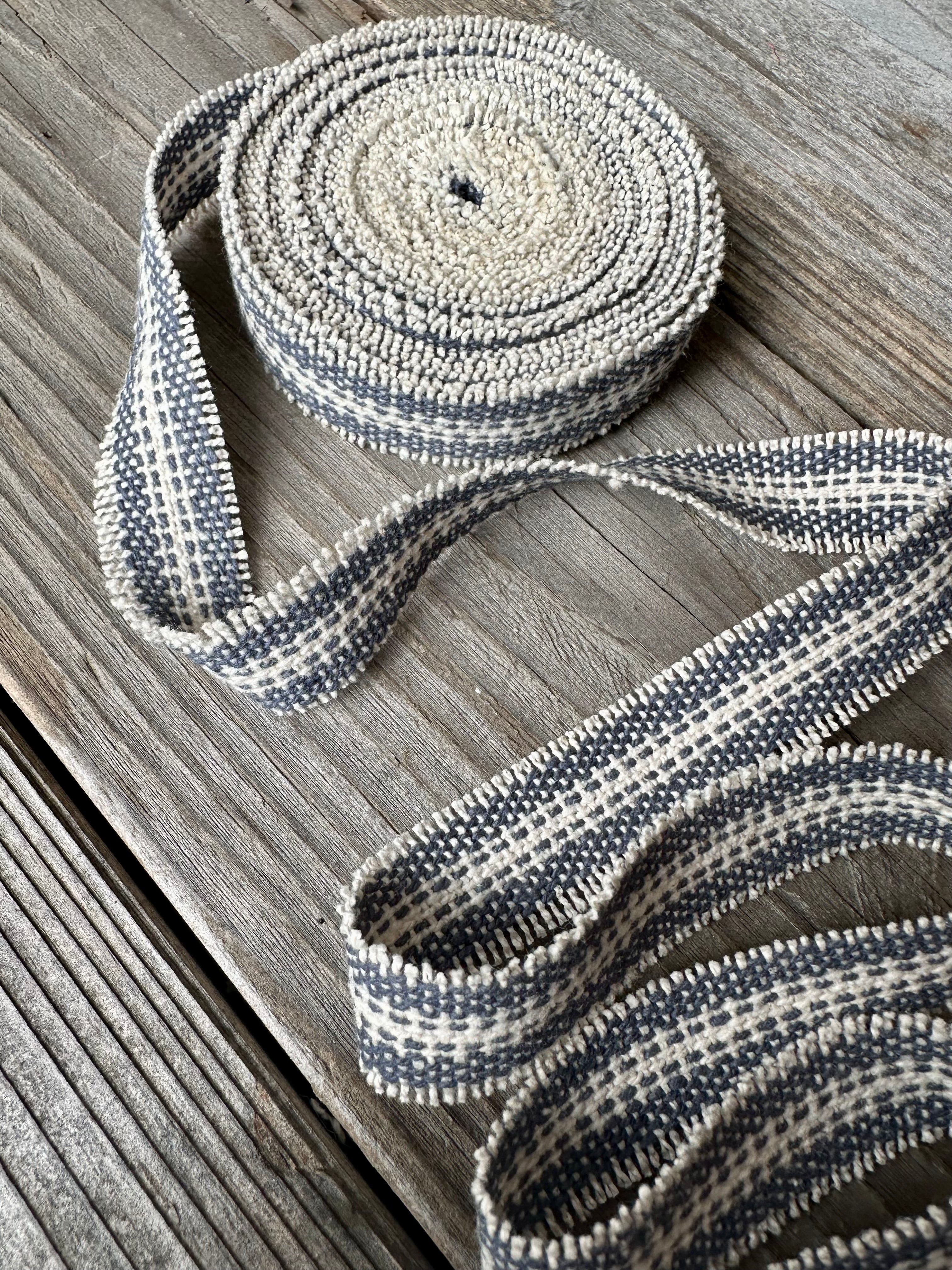 Grain Sack Ribbon - Navy and Cream Striped Frayed Edge - 3/4" Wide