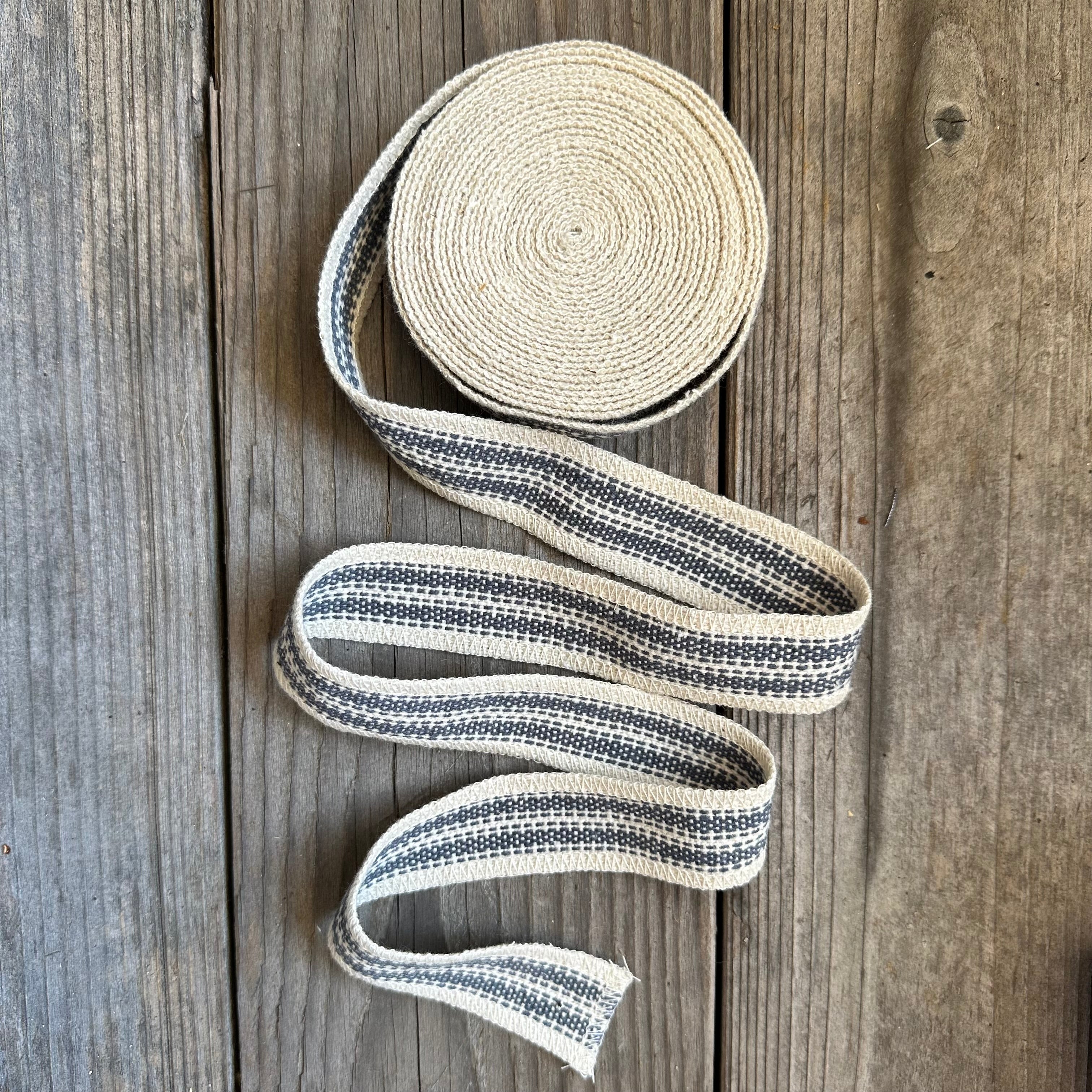 Grain Sack Ribbon - Navy and Cream Striped  - Serged Edge 1 1/4" Wide - 5 Yards