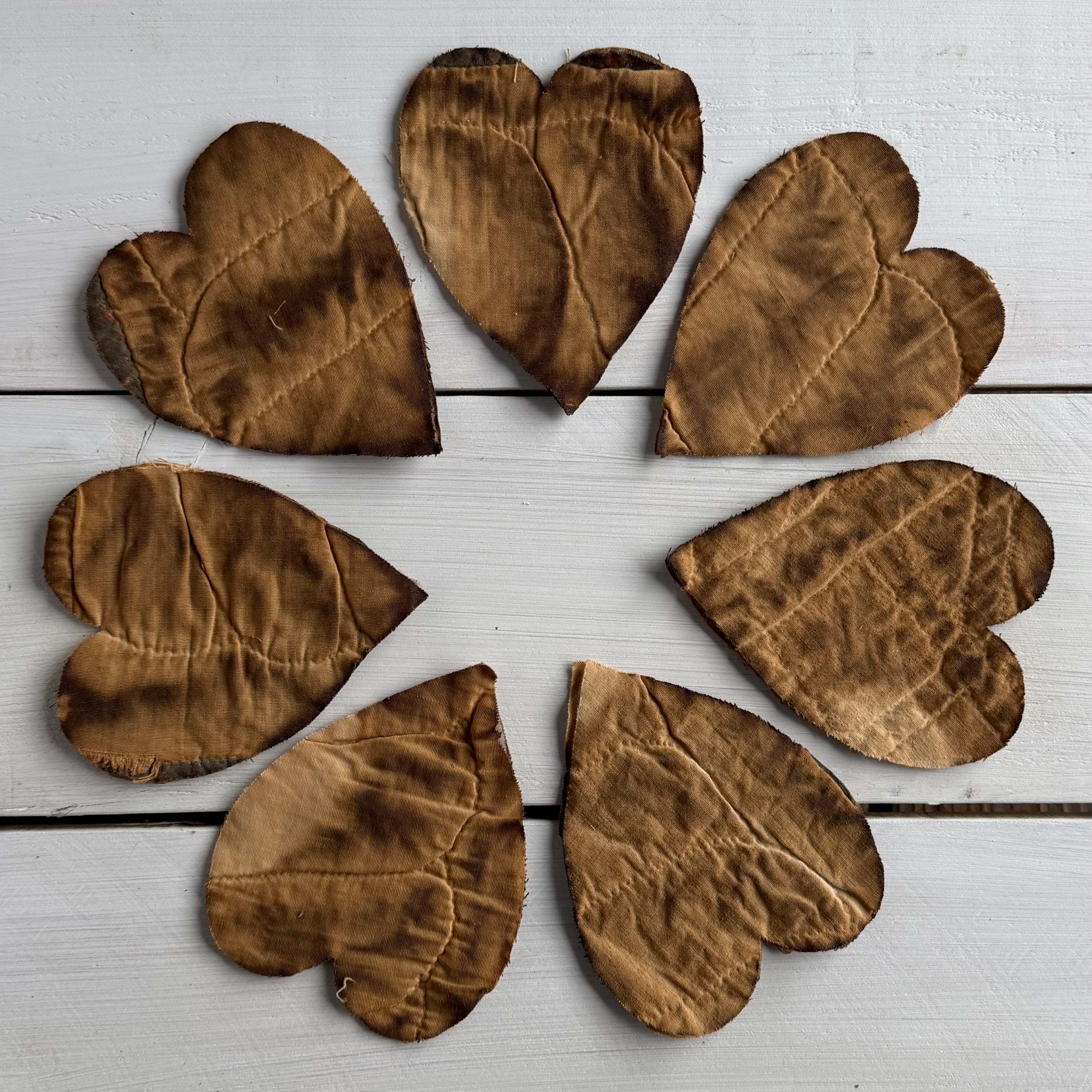 Heart Primitive Coffee Tea Stained Die Cuts from Vintage Quilt
