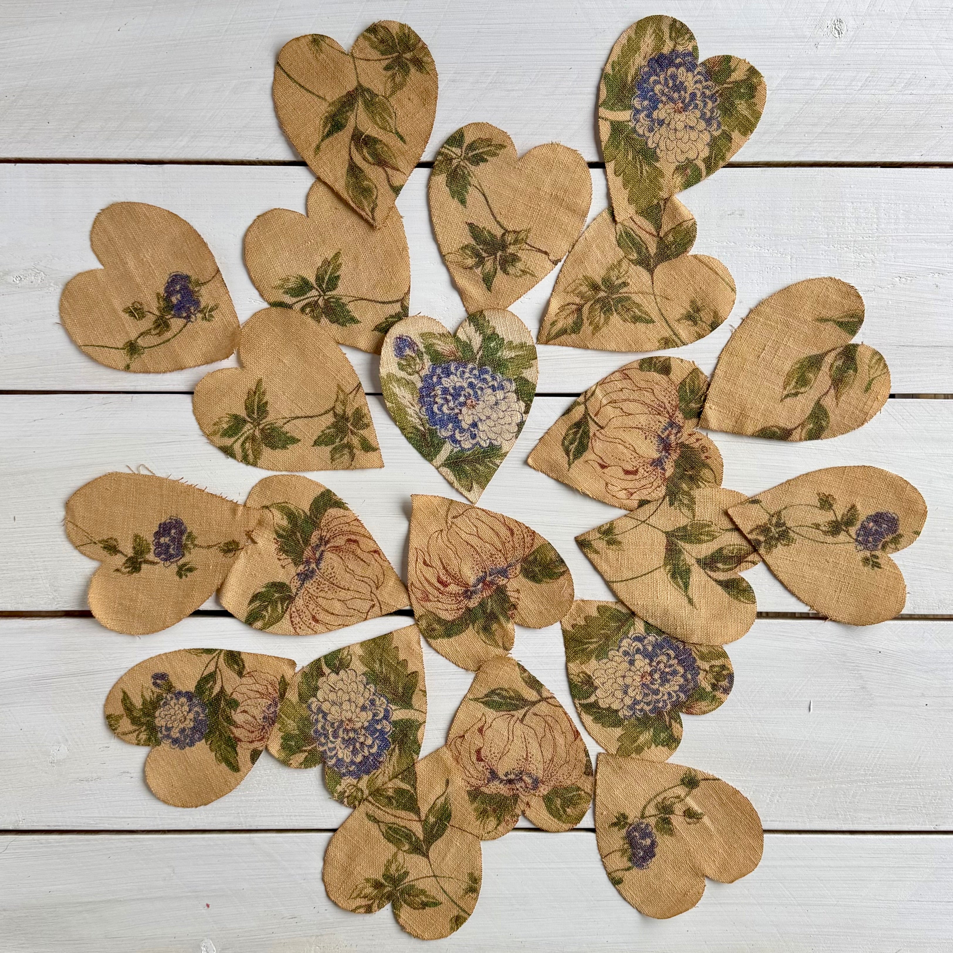 Heart Die Cuts from Vintage Linen Coffee Tea Stained