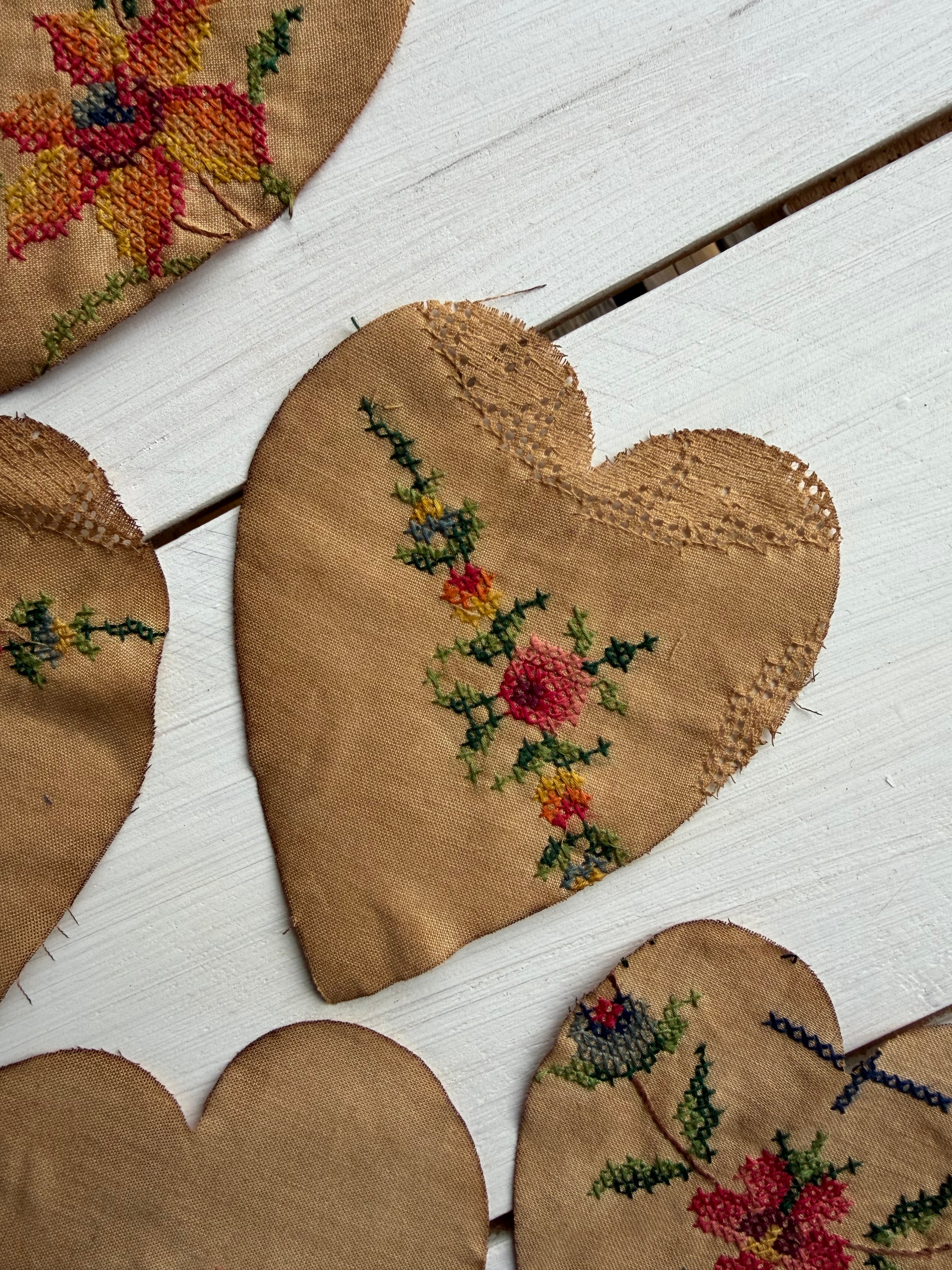 Heart Die Cuts from Vintage Linen Coffee Tea Stained
