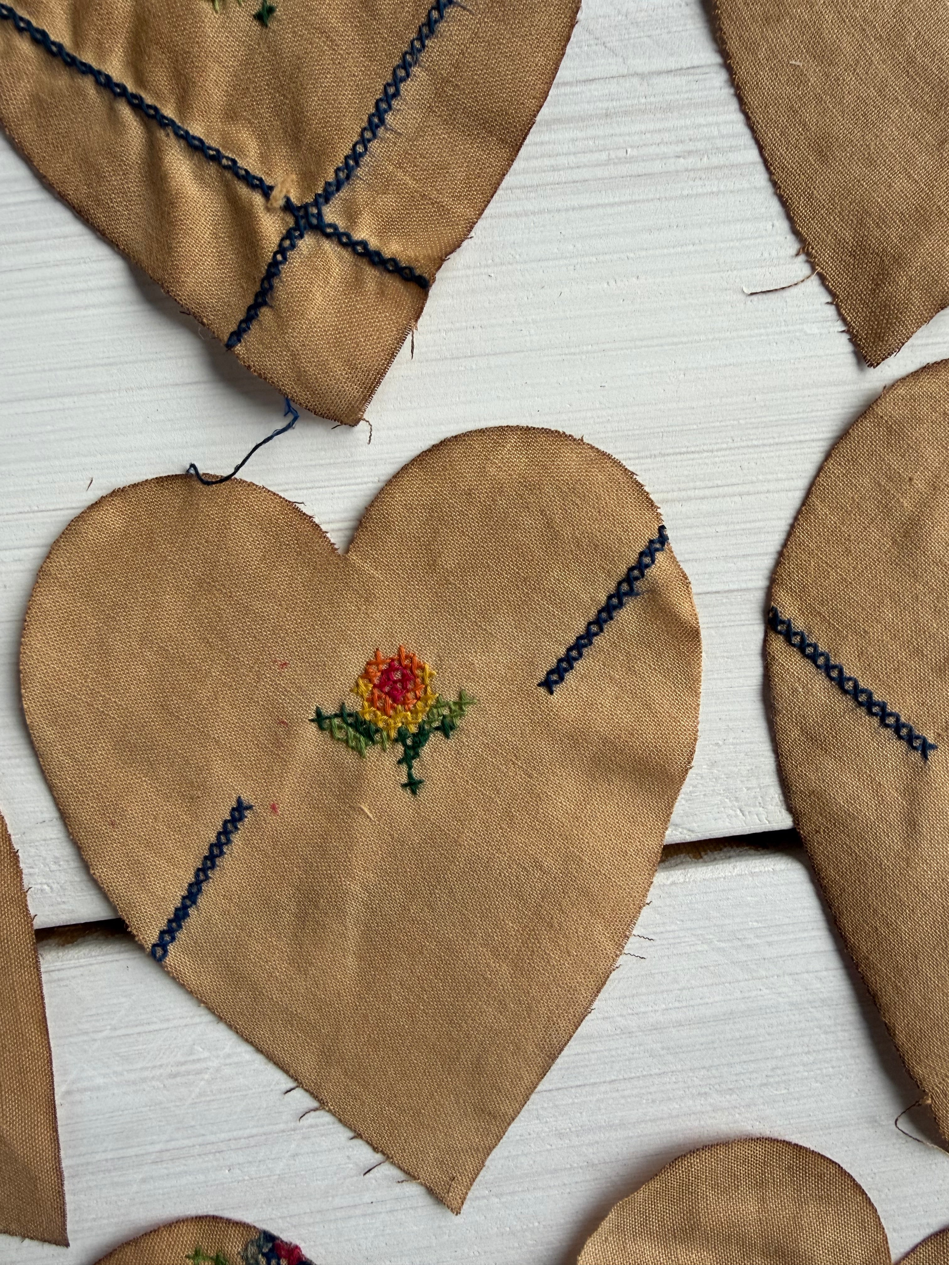 Heart Die Cuts from Vintage Linen Coffee Tea Stained