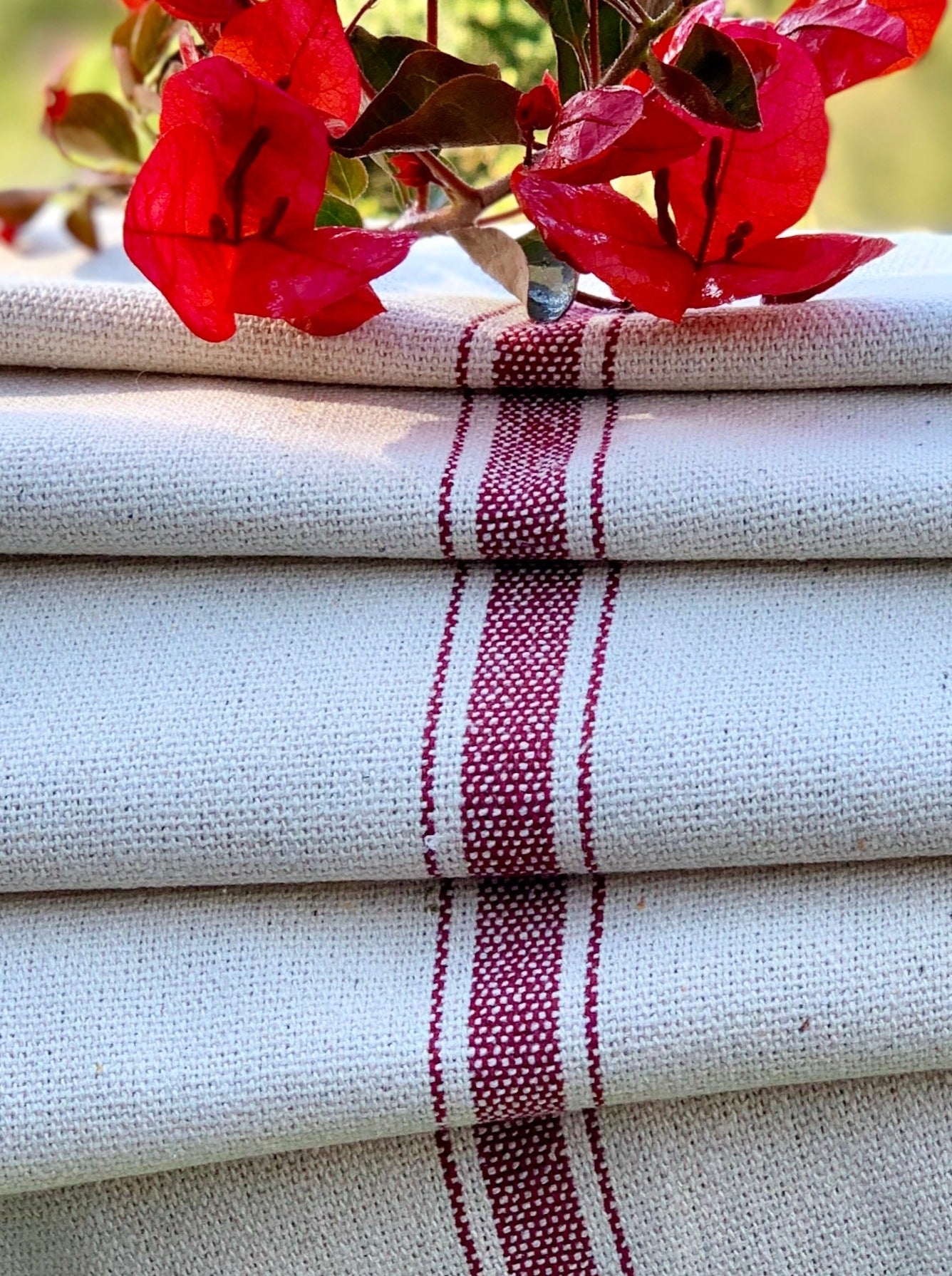 Grain Sack Fabric - Red Stripes on Cream