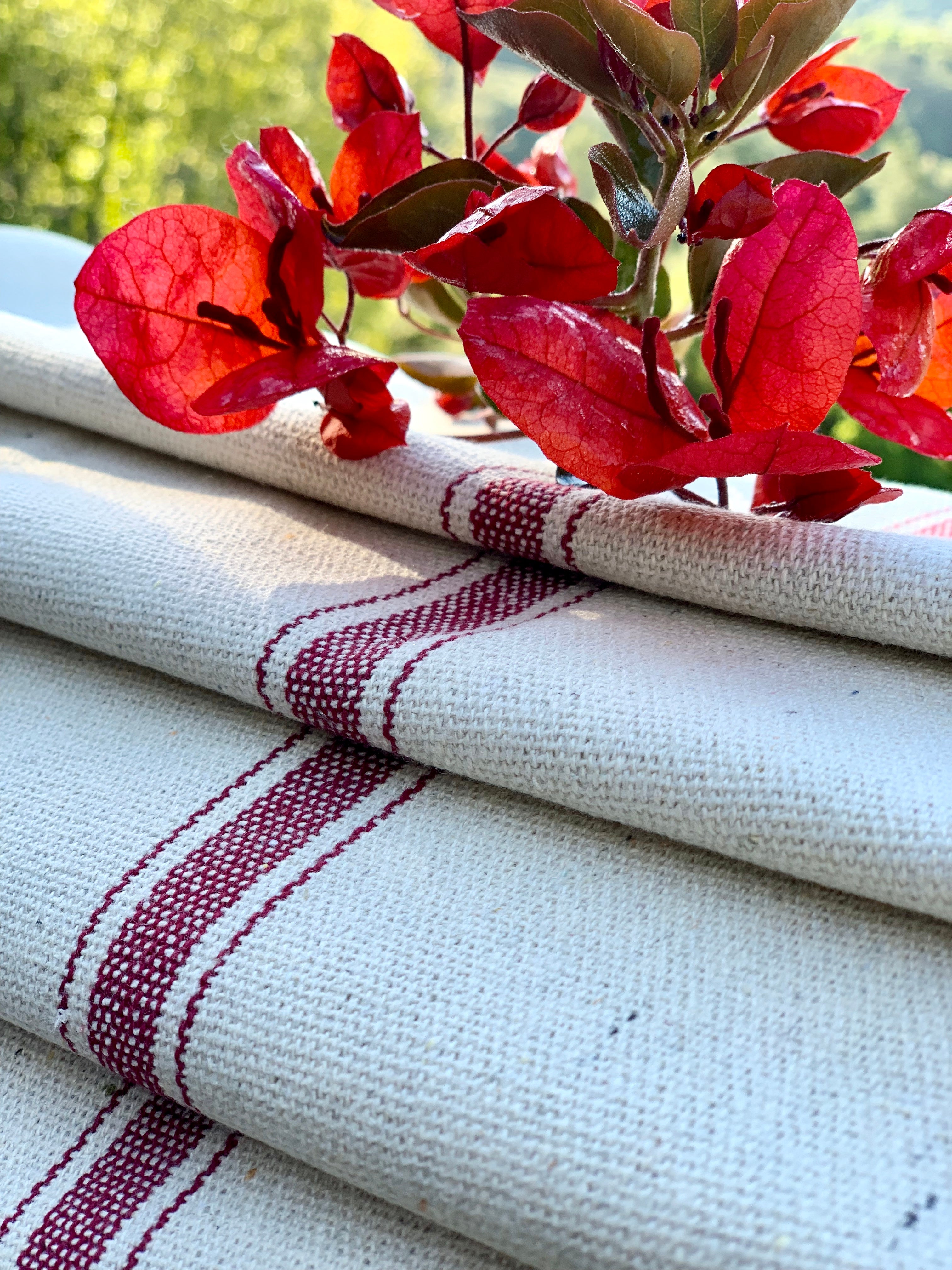 Grain Sack Fabric - Red Stripes on Cream