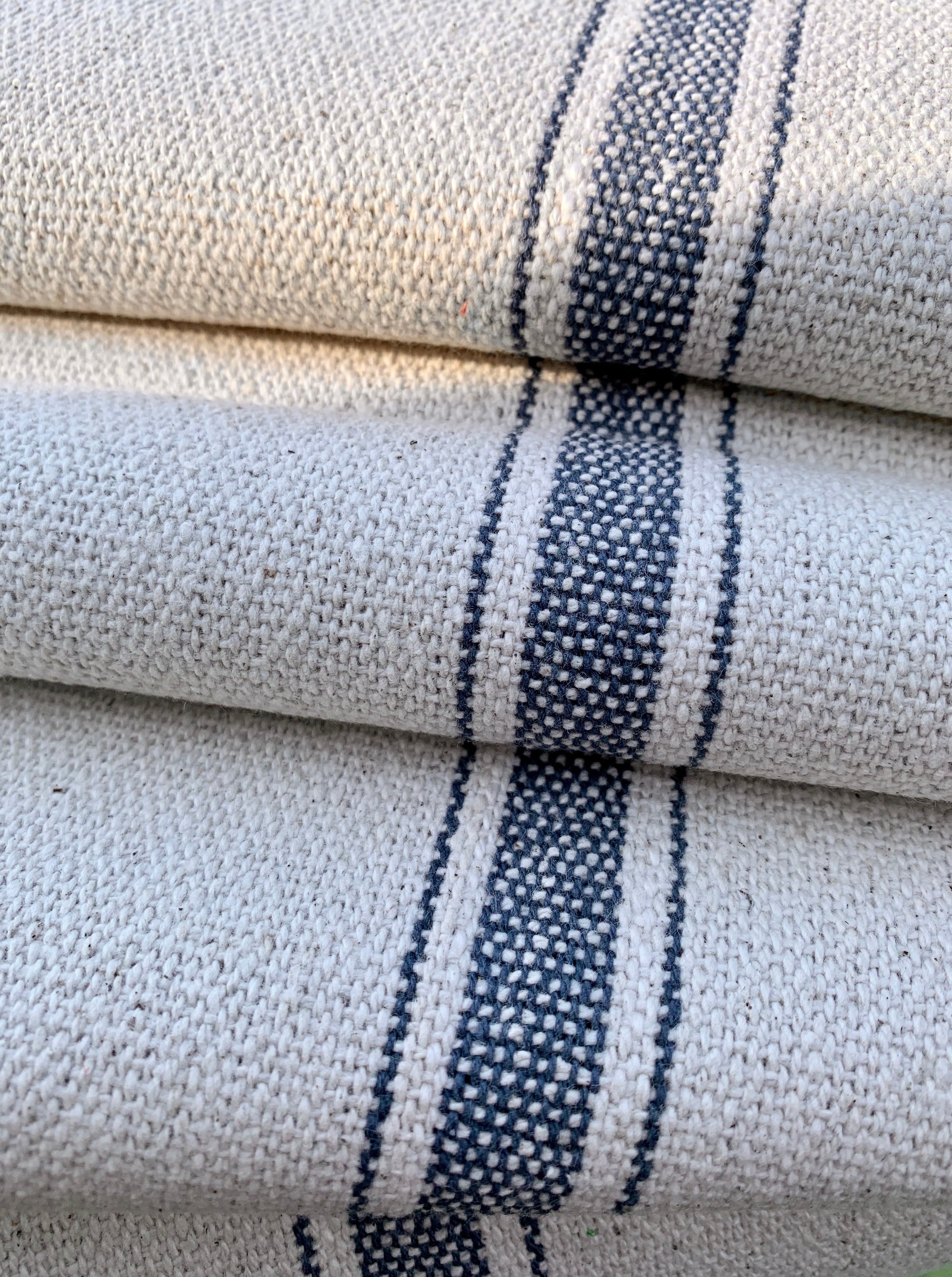 Blue Stripes on Cream Background - Grain Sack Fabric
