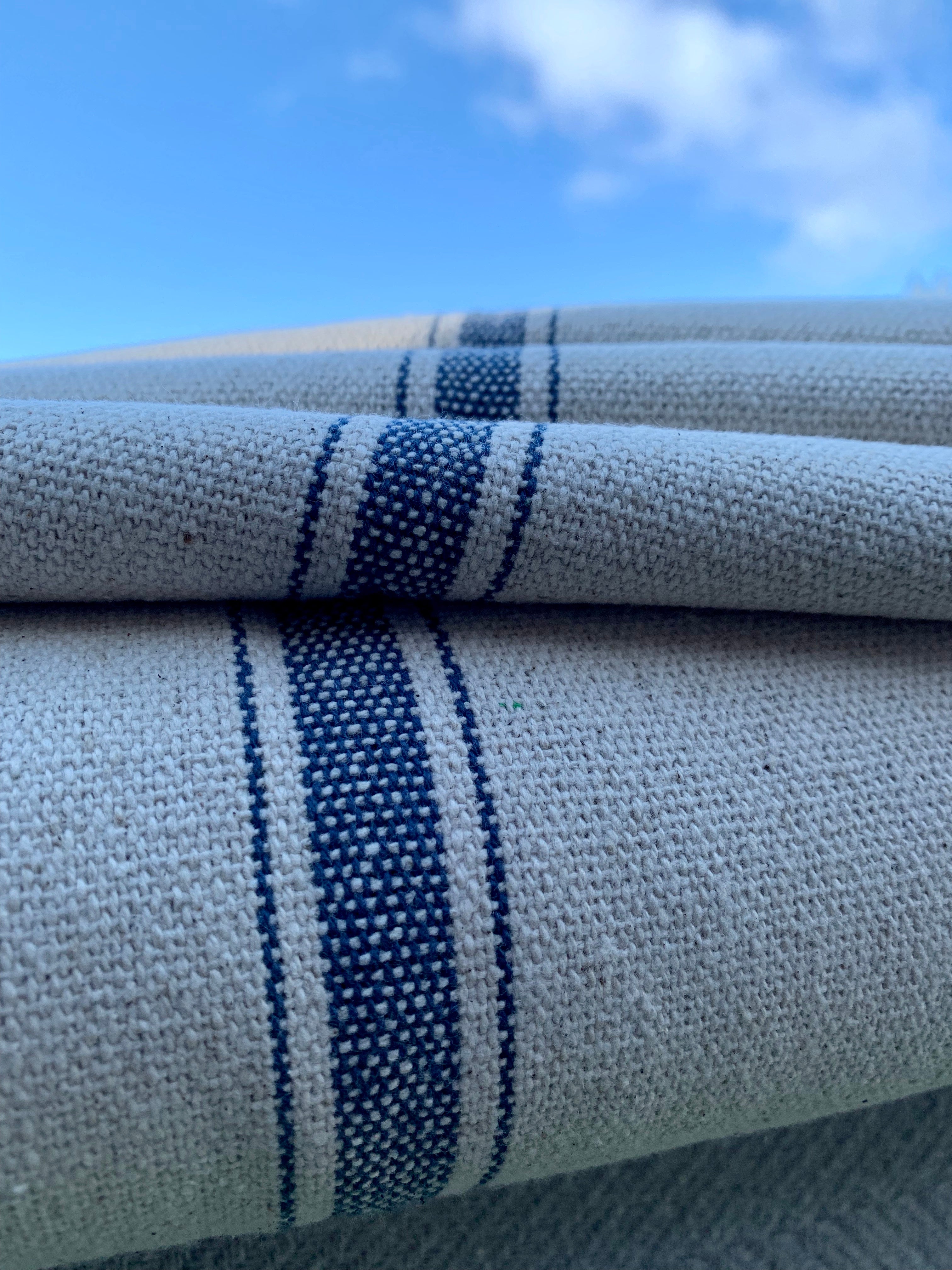 Blue Stripes on Cream Background - Grain Sack Fabric
