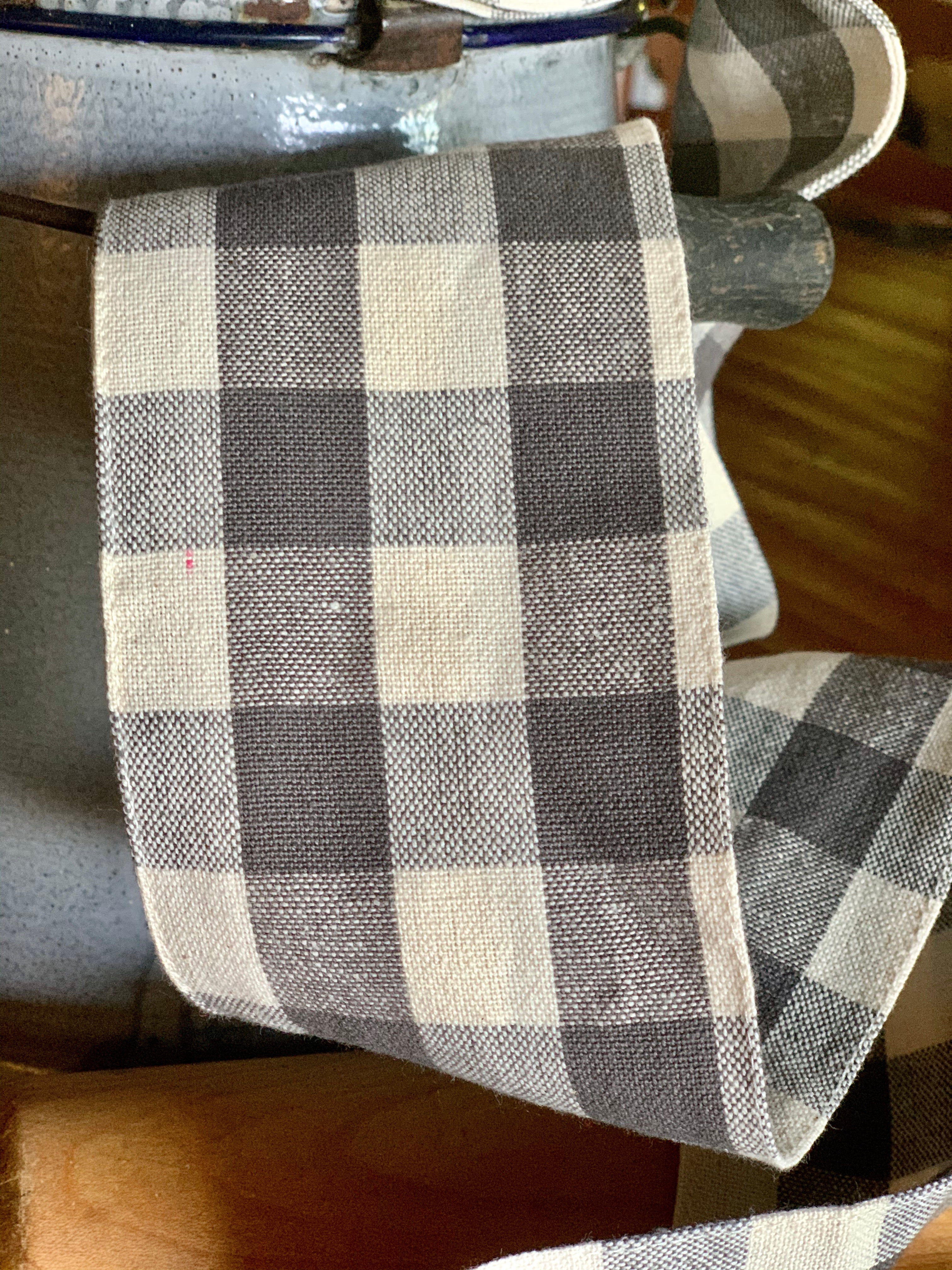 Gray and Natural Off-White Plaid 3" Double Layer Fabric Ribbon
