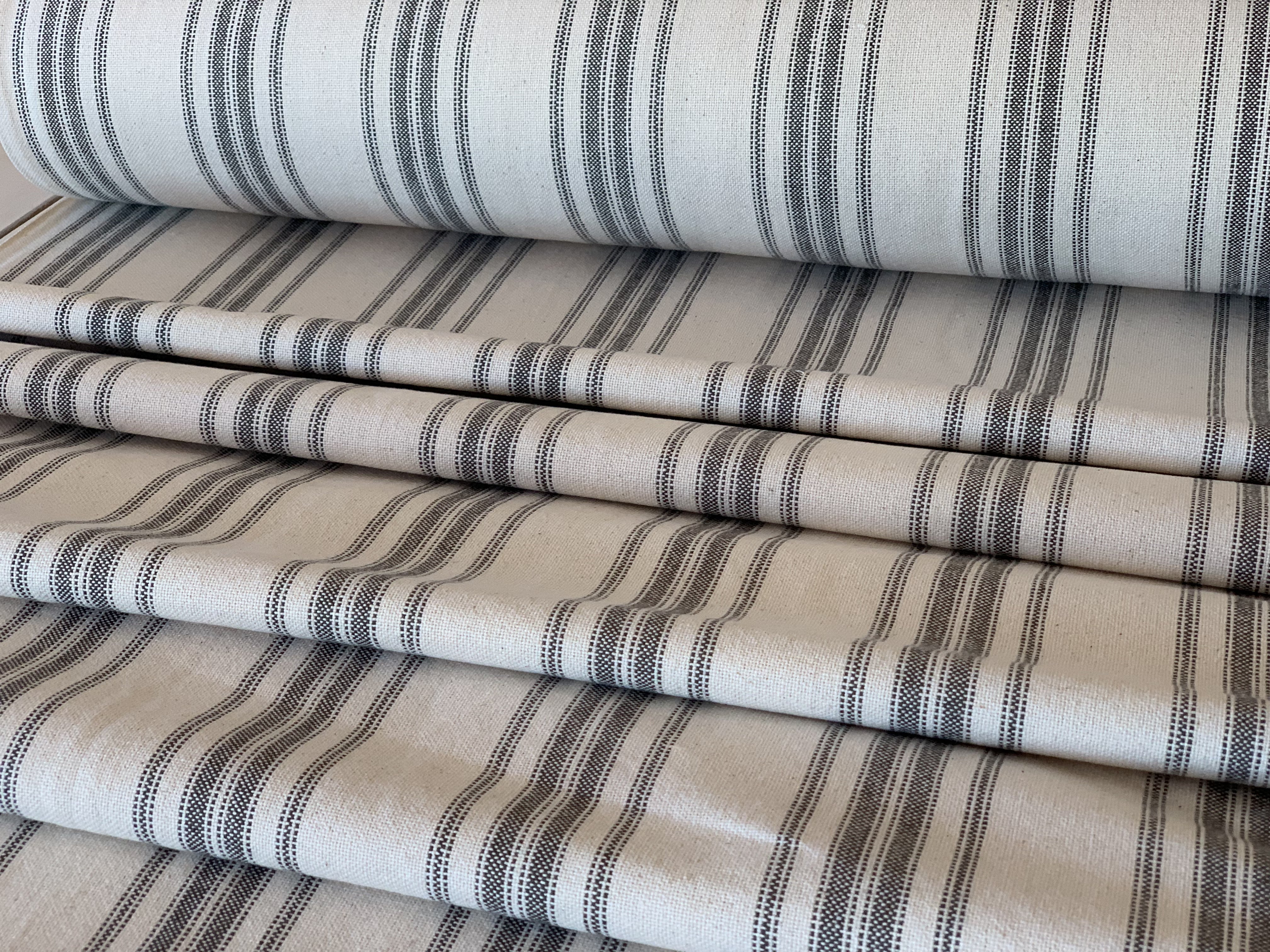 Grain Sack Fabric - Our Exclusive 63" Gray on Cream Multi-Stripe