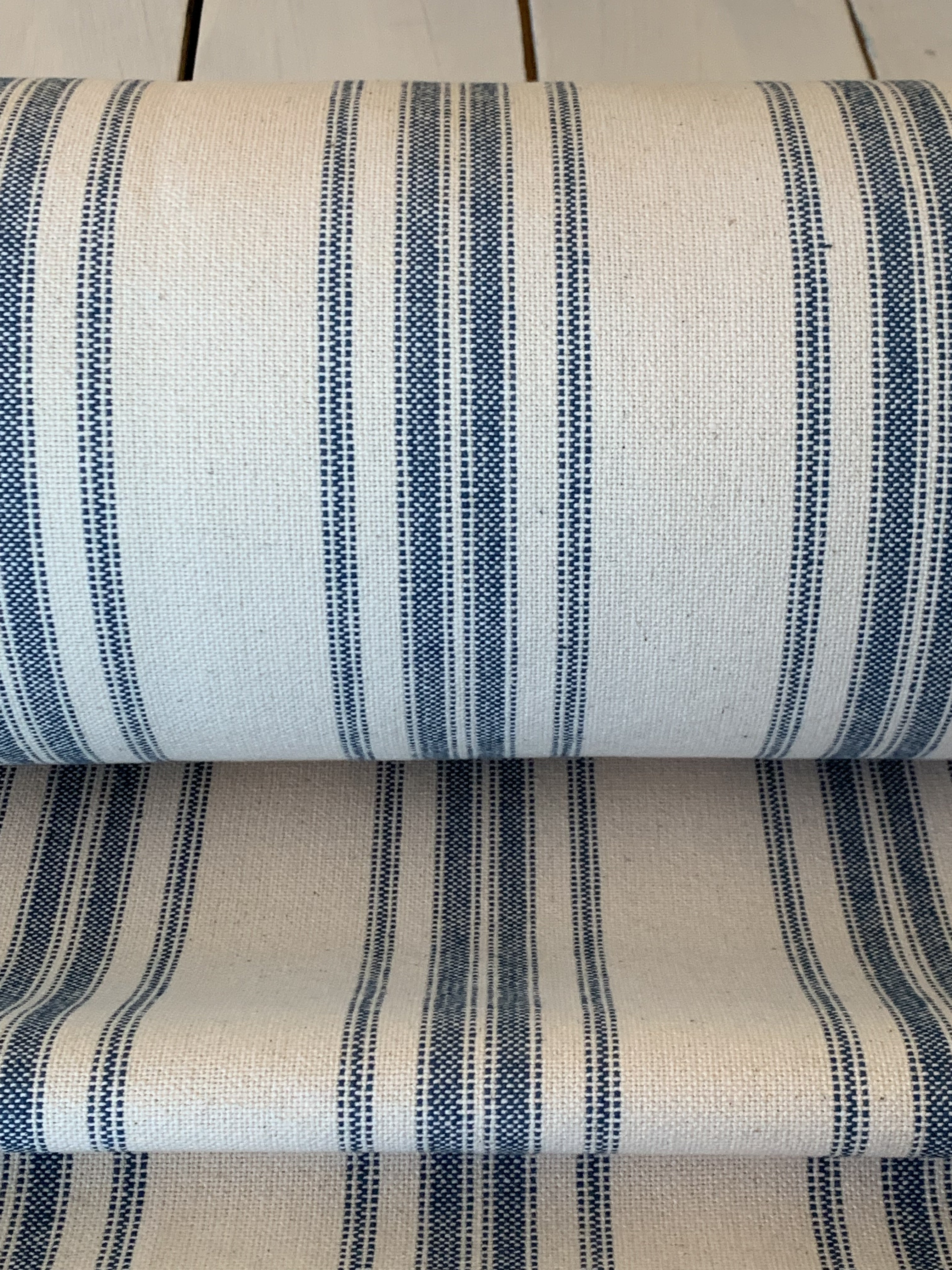 Our Exclusive 63" Blue on Cream Multi-Stripe - Grain Sack Fabric