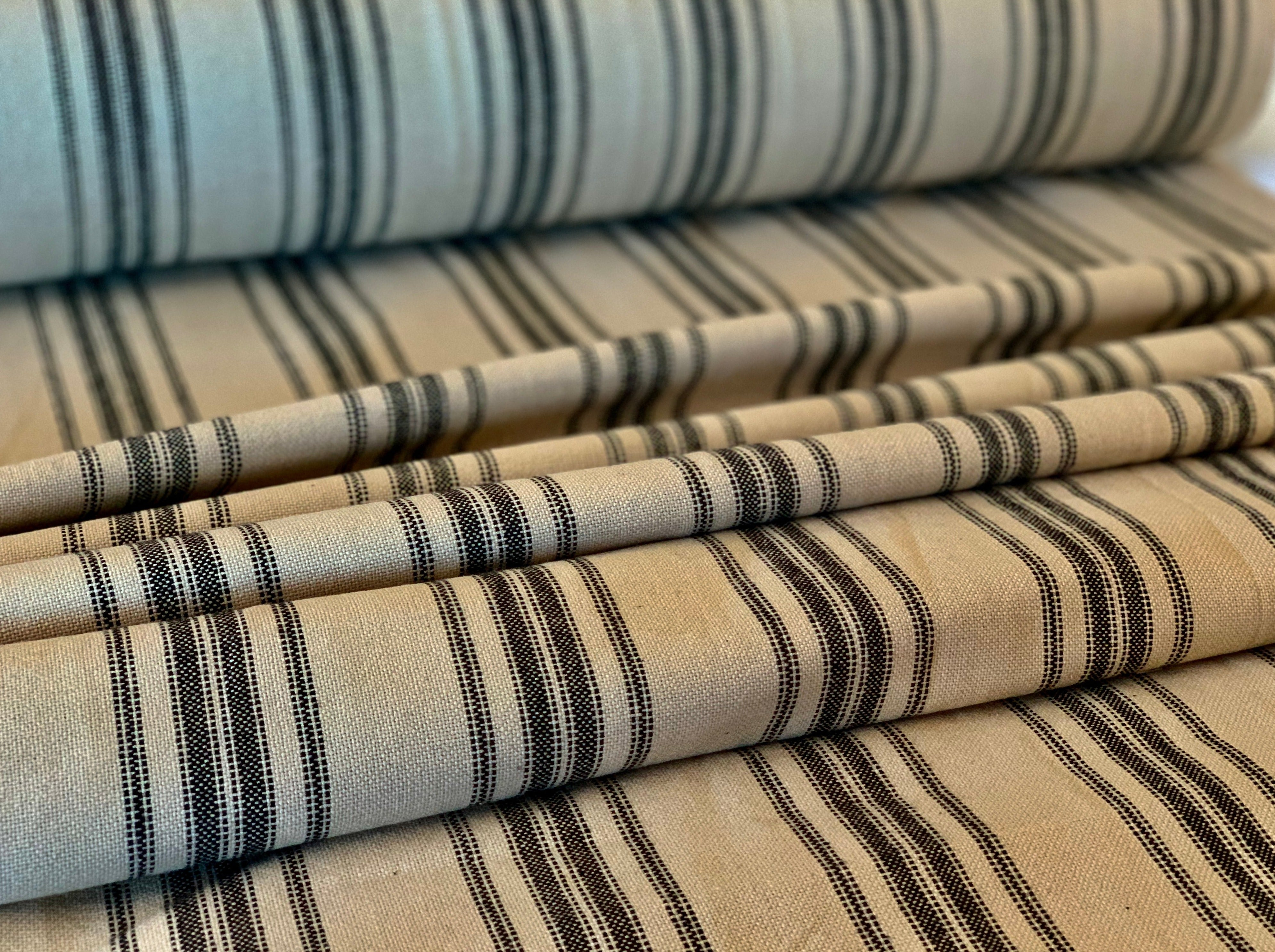 Our Exclusive 63" Black on Beige Multi-Stripe - Grain Sack Fabric