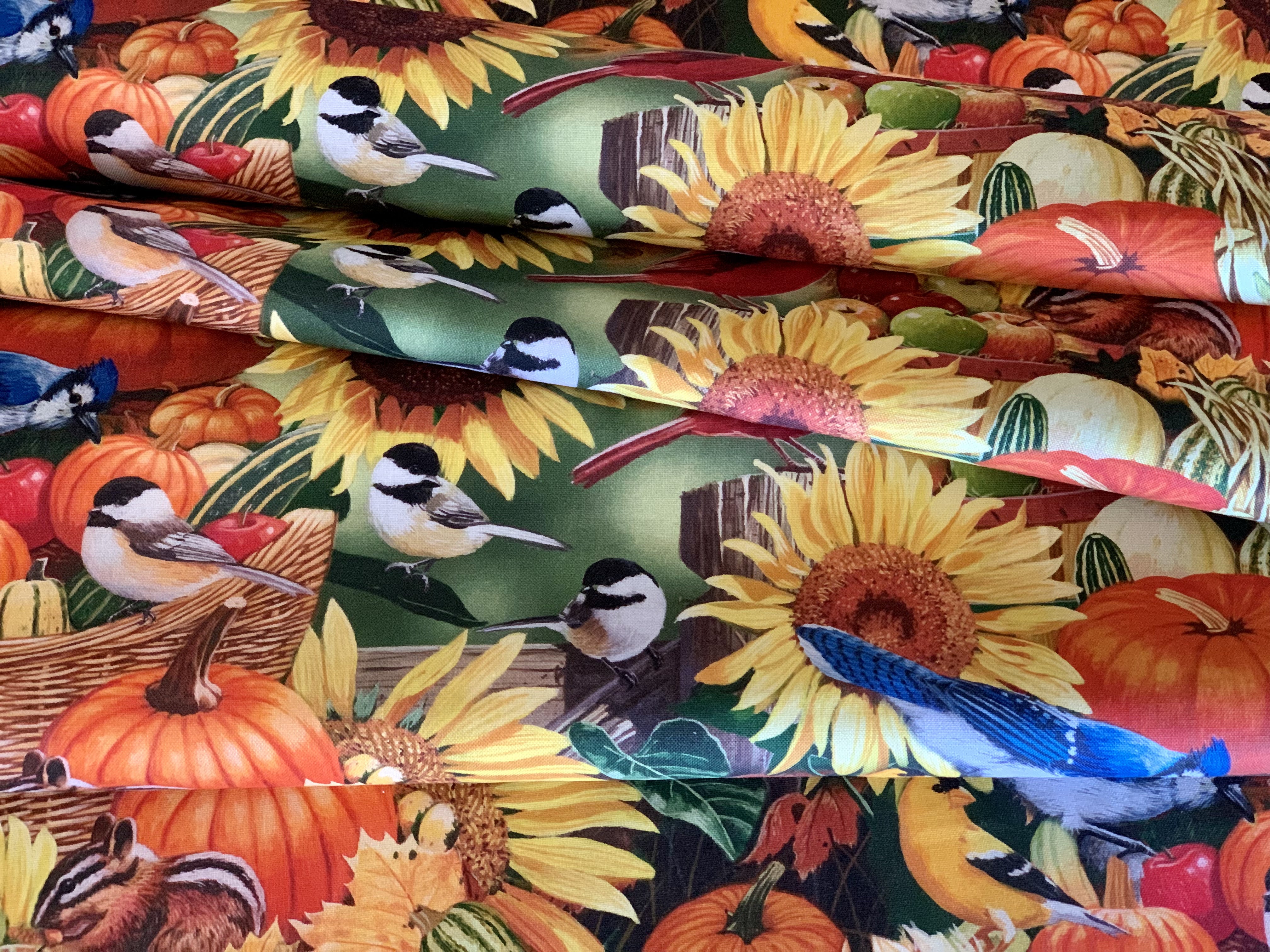 David Textiles Birds for all Seasons - Birds and Pumpkins Panel and Fabric by the Yard - Fall Fabric
