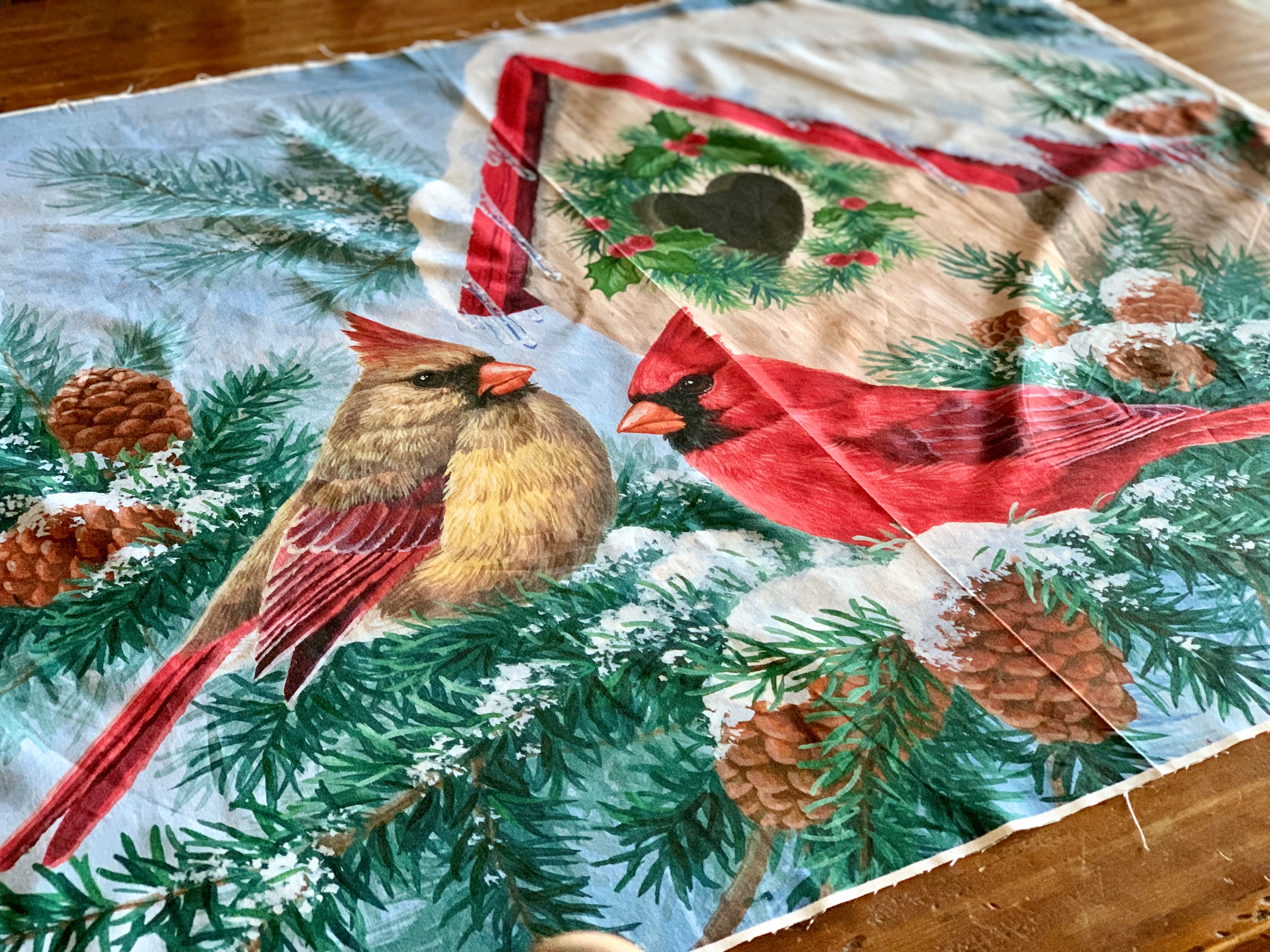 David Textiles Birds for all Seasons - Red Cardinals and Evergreens Panel and Fabric by the Yard - Christmas & Winter Fabric