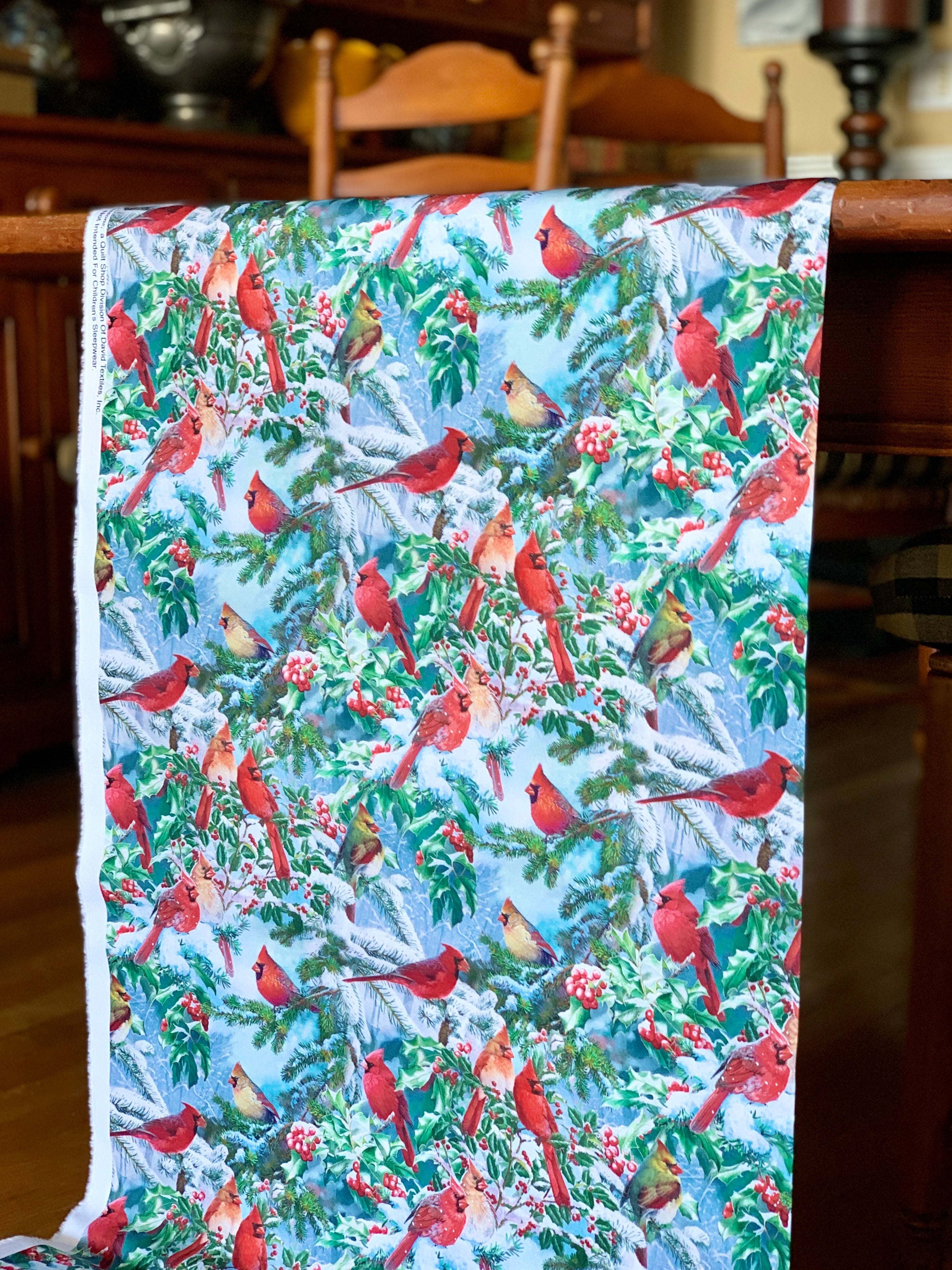 David Textiles Birds for all Seasons - Red Cardinals and Evergreens Panel and Fabric by the Yard - Christmas & Winter Fabric