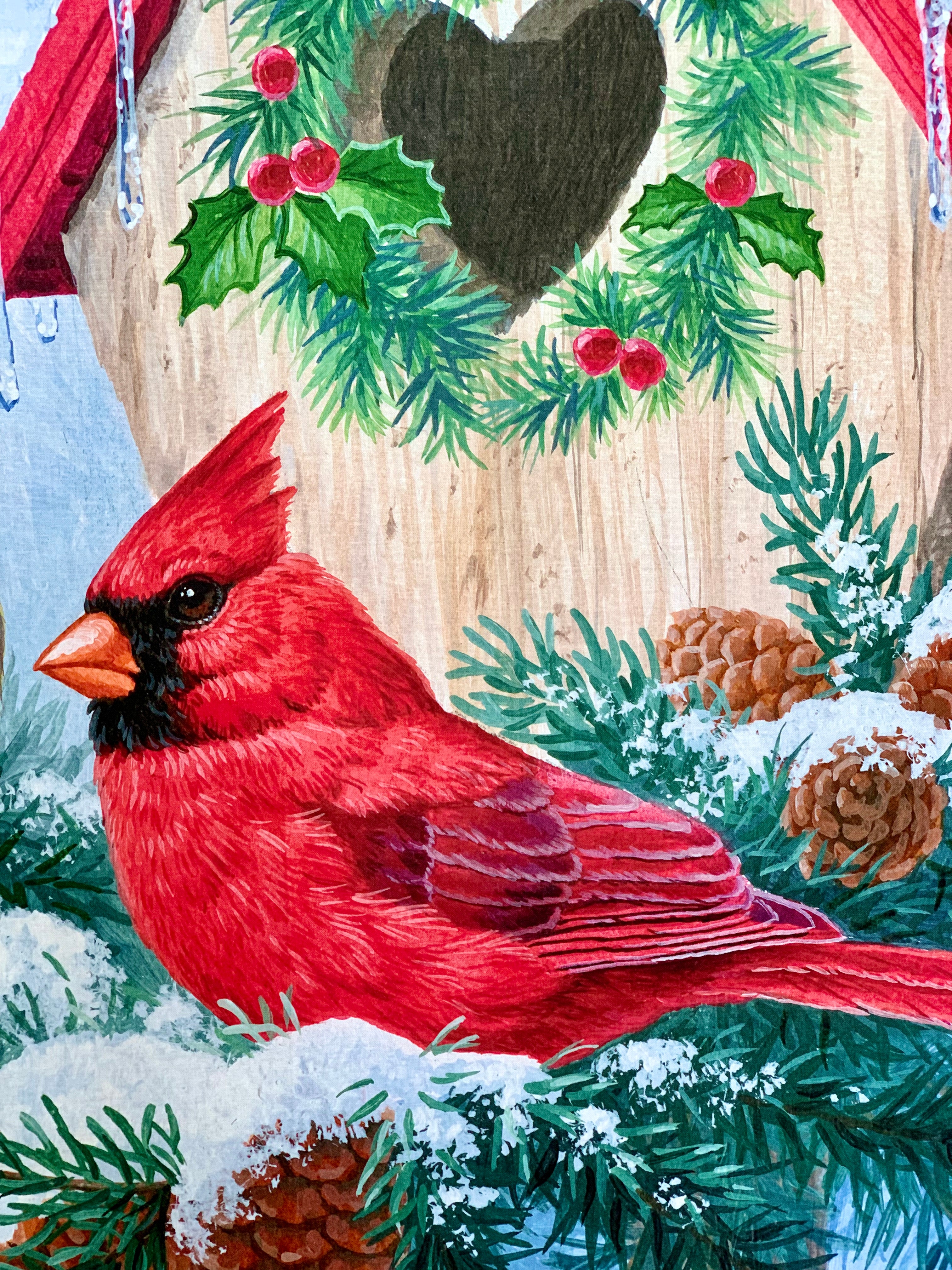 David Textiles Birds for all Seasons - Red Cardinals and Evergreens Panel and Fabric by the Yard - Christmas & Winter Fabric