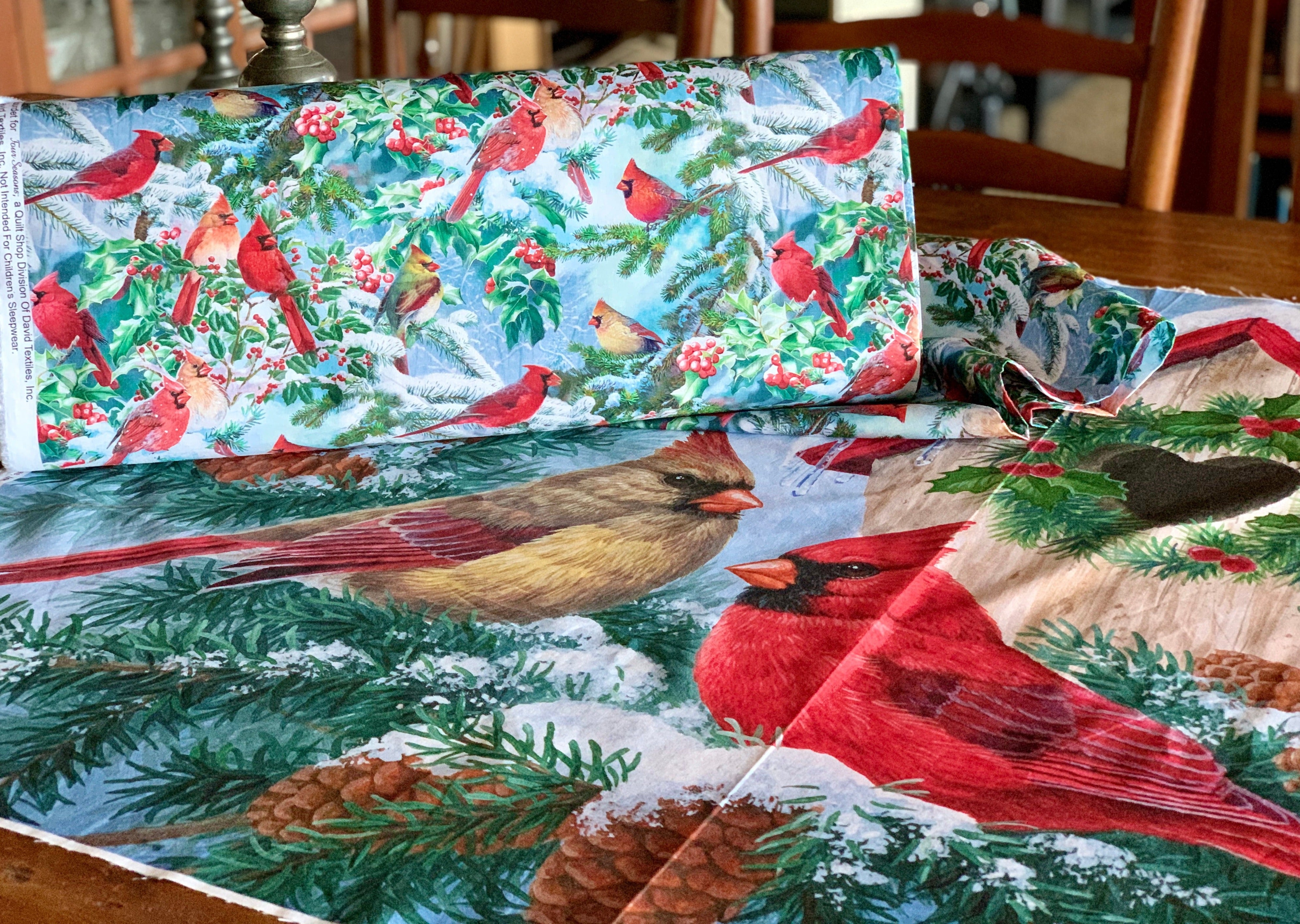 David Textiles Birds for all Seasons - Red Cardinals and Evergreens Panel and Fabric by the Yard - Christmas & Winter Fabric