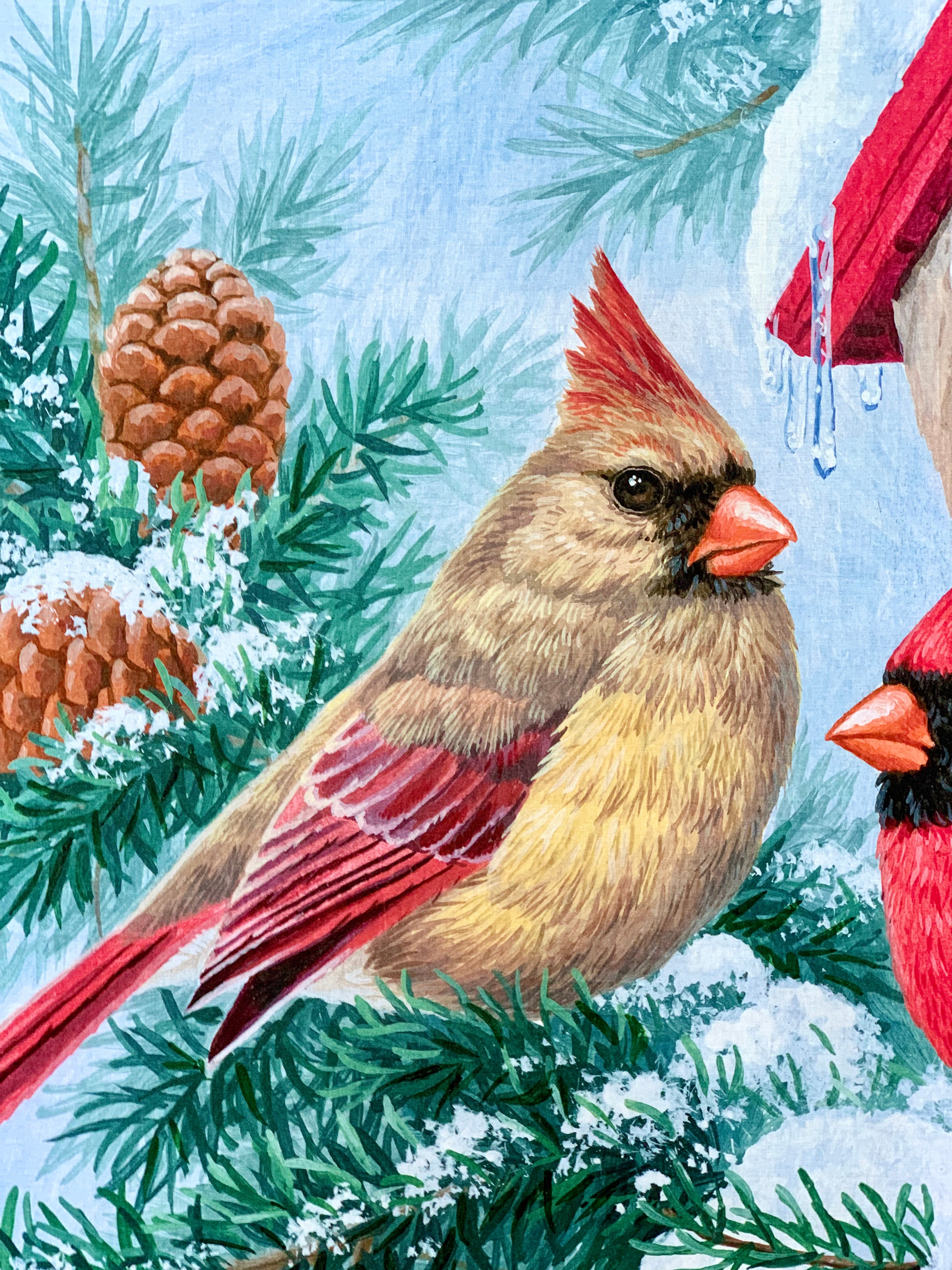 David Textiles Birds for all Seasons - Red Cardinals and Evergreens Panel and Fabric by the Yard - Christmas & Winter Fabric