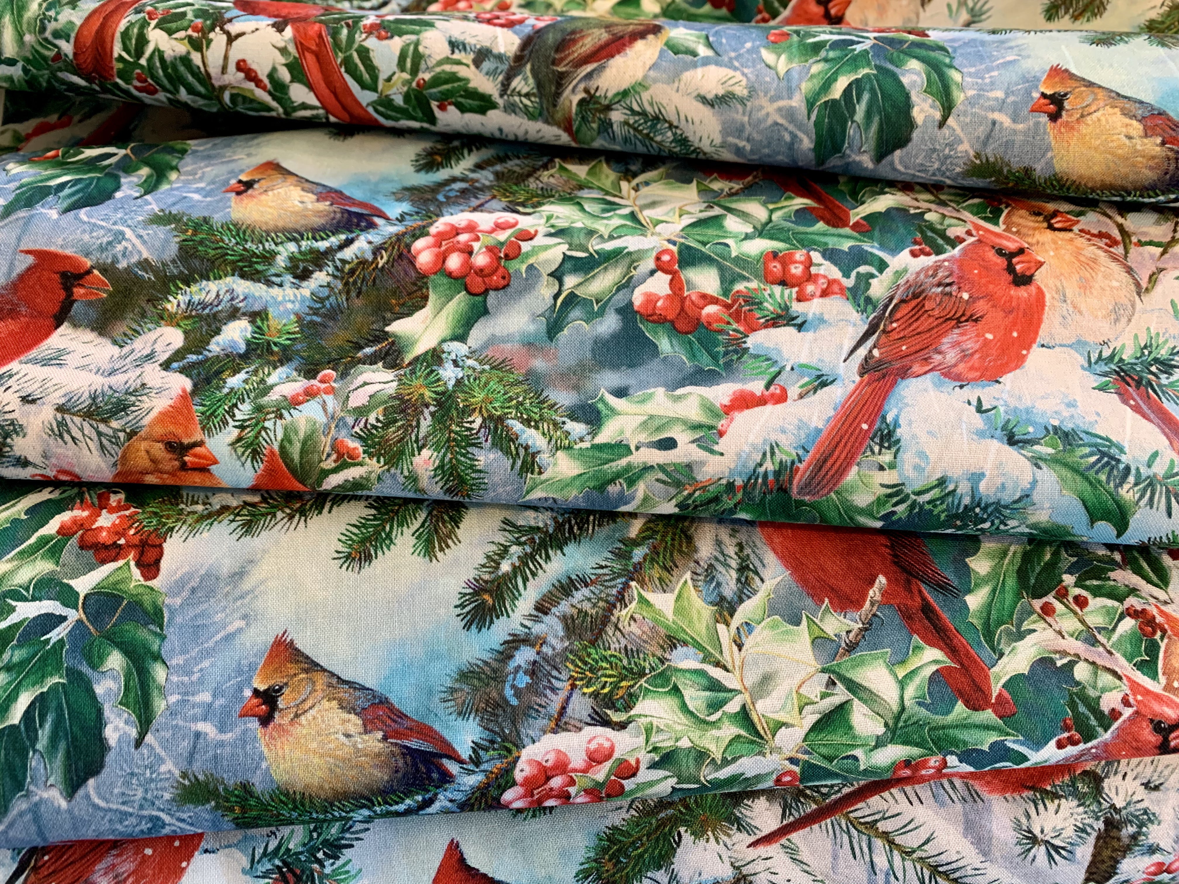 David Textiles Birds for all Seasons - Red Cardinals and Evergreens Panel and Fabric by the Yard - Christmas & Winter Fabric