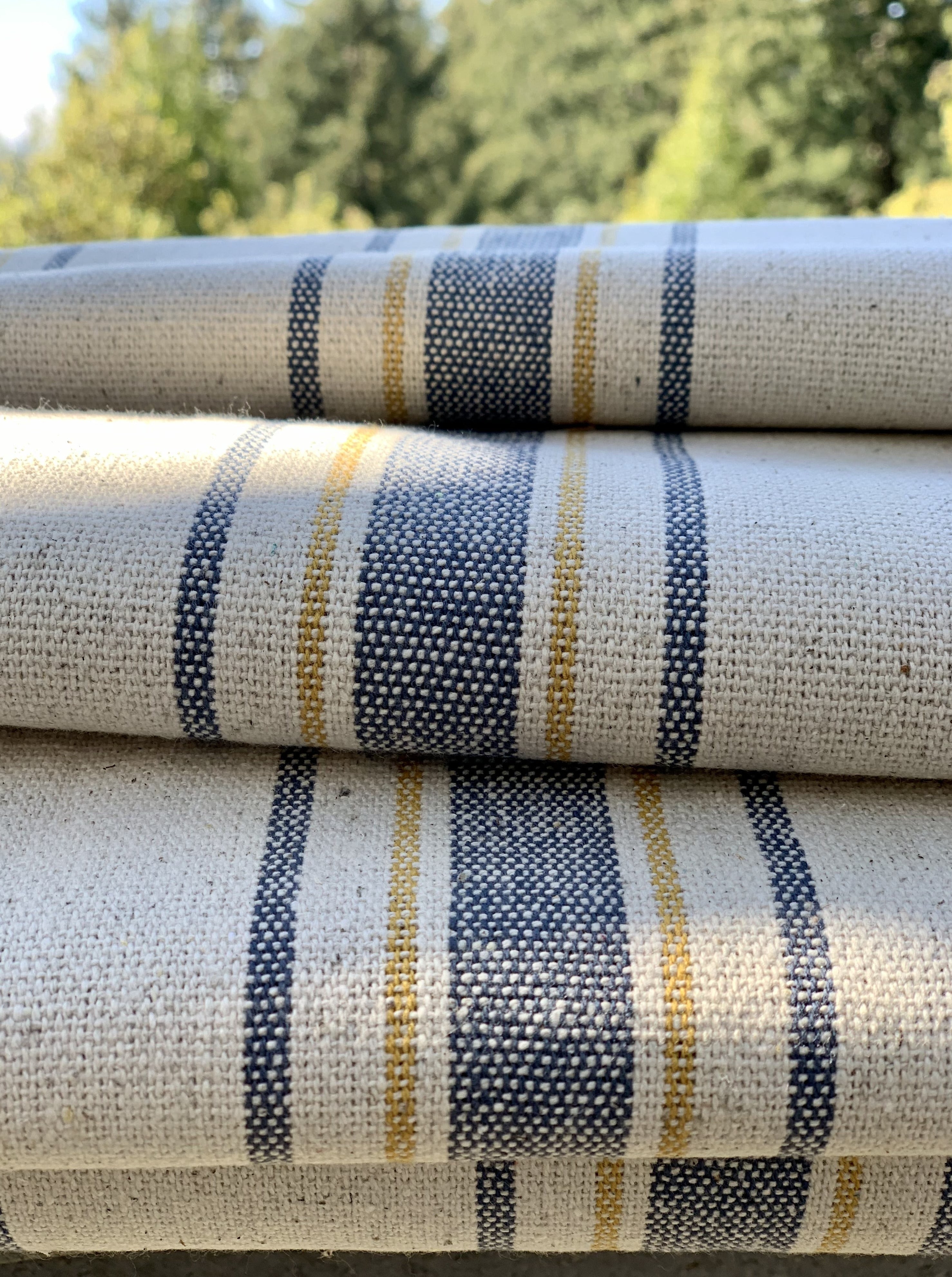 Blue and Yellow Stripes on Cream Background - Grain Sack Fabric