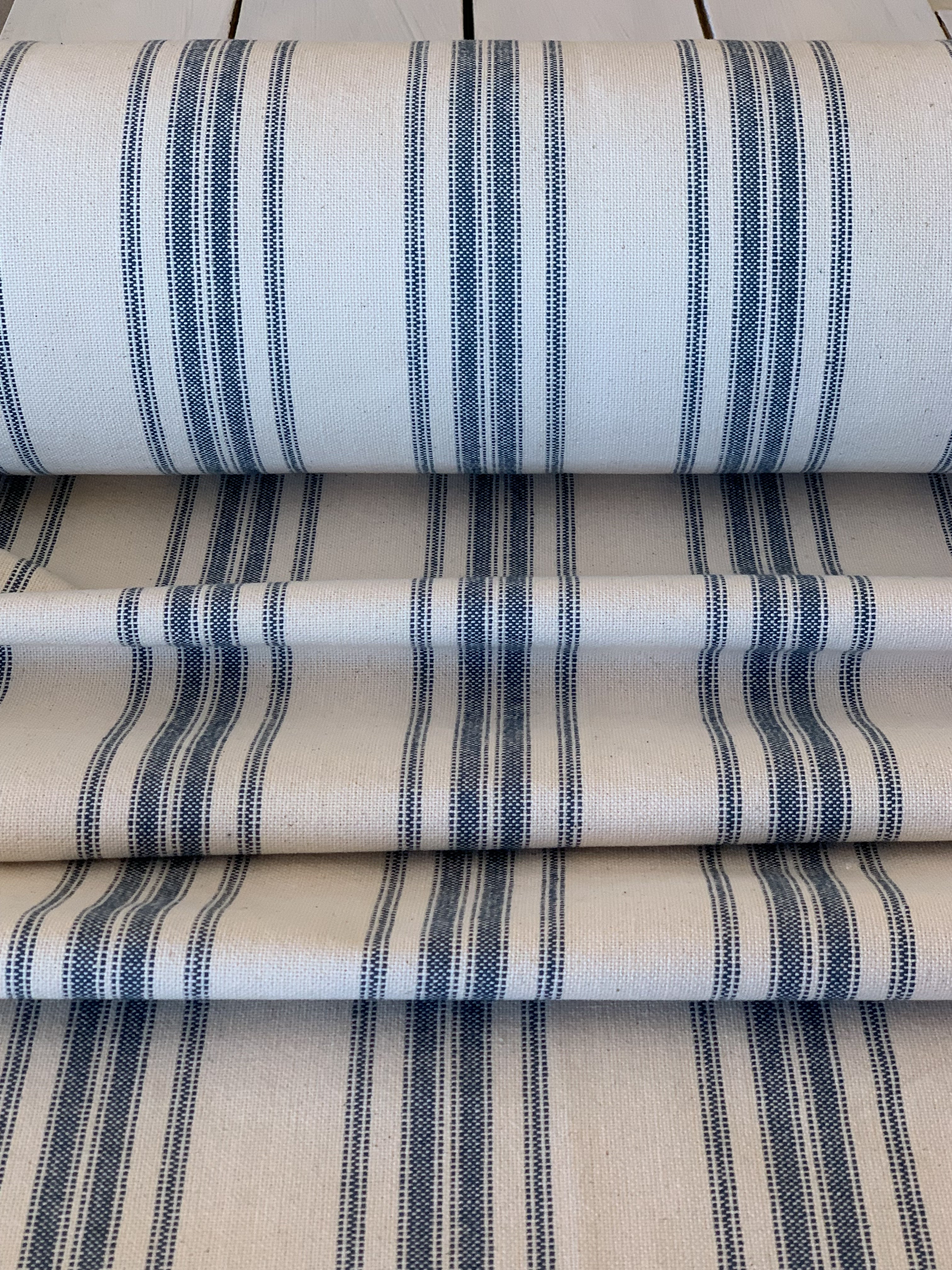 Our Exclusive 63" Blue on Cream Multi-Stripe - Grain Sack Fabric