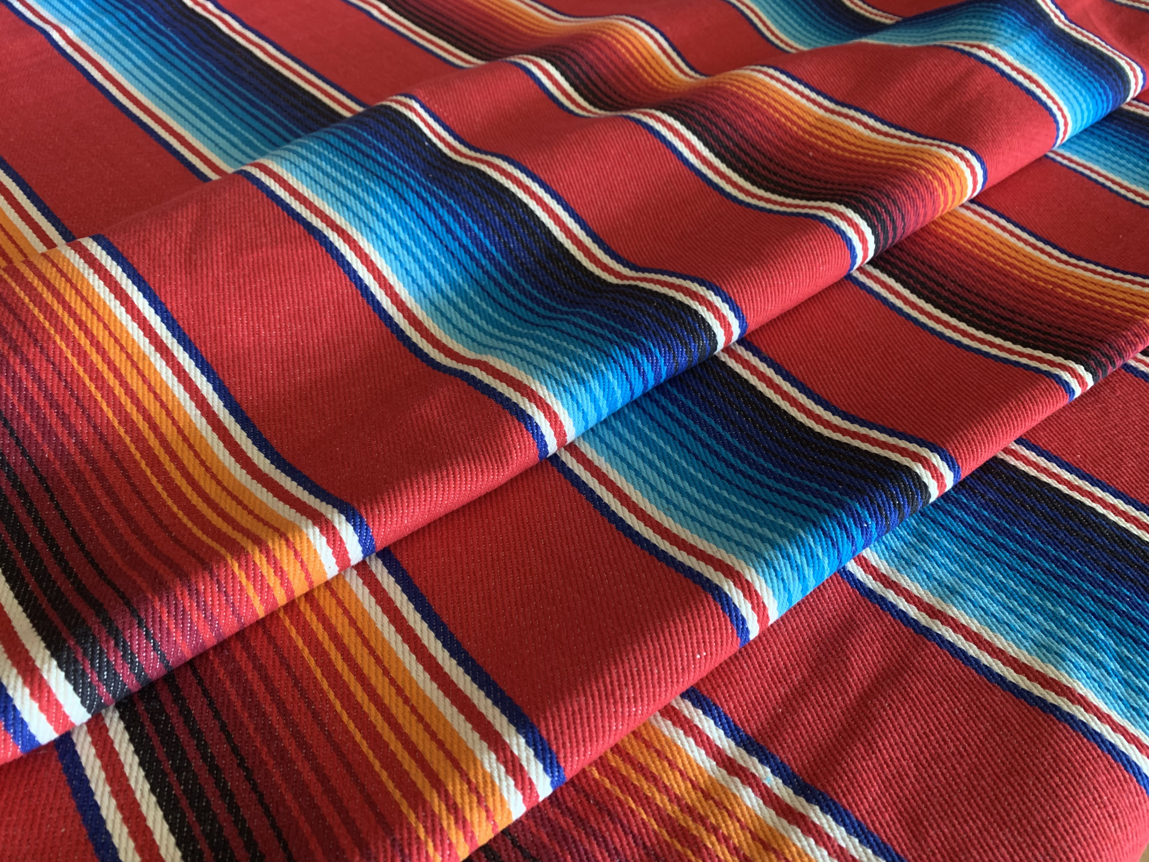 Serape Saddle Blanket Style Fabric - Red, Blue, Cream