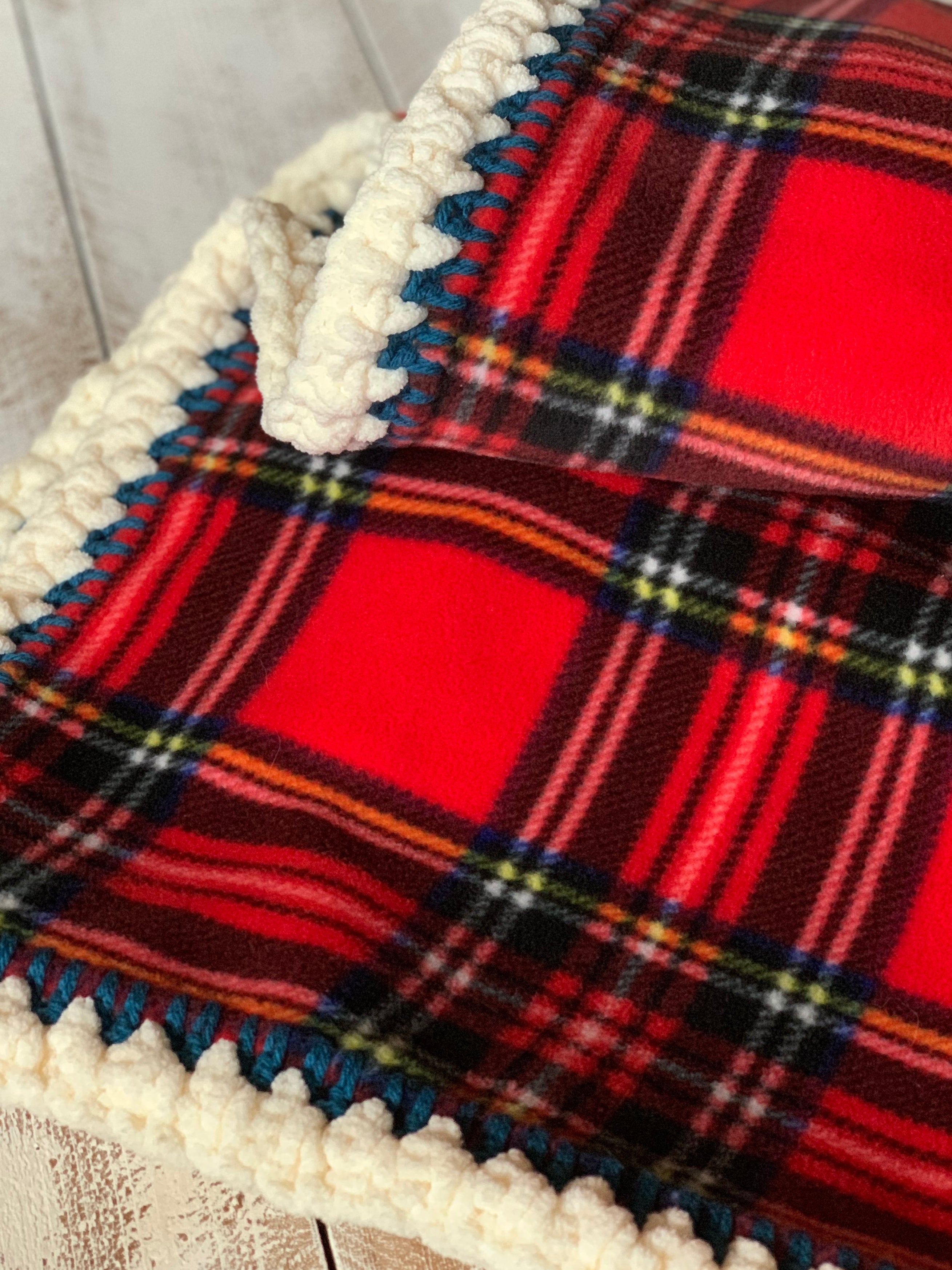 Crochet Edge Red Tartan Plaid Fleece Blanket