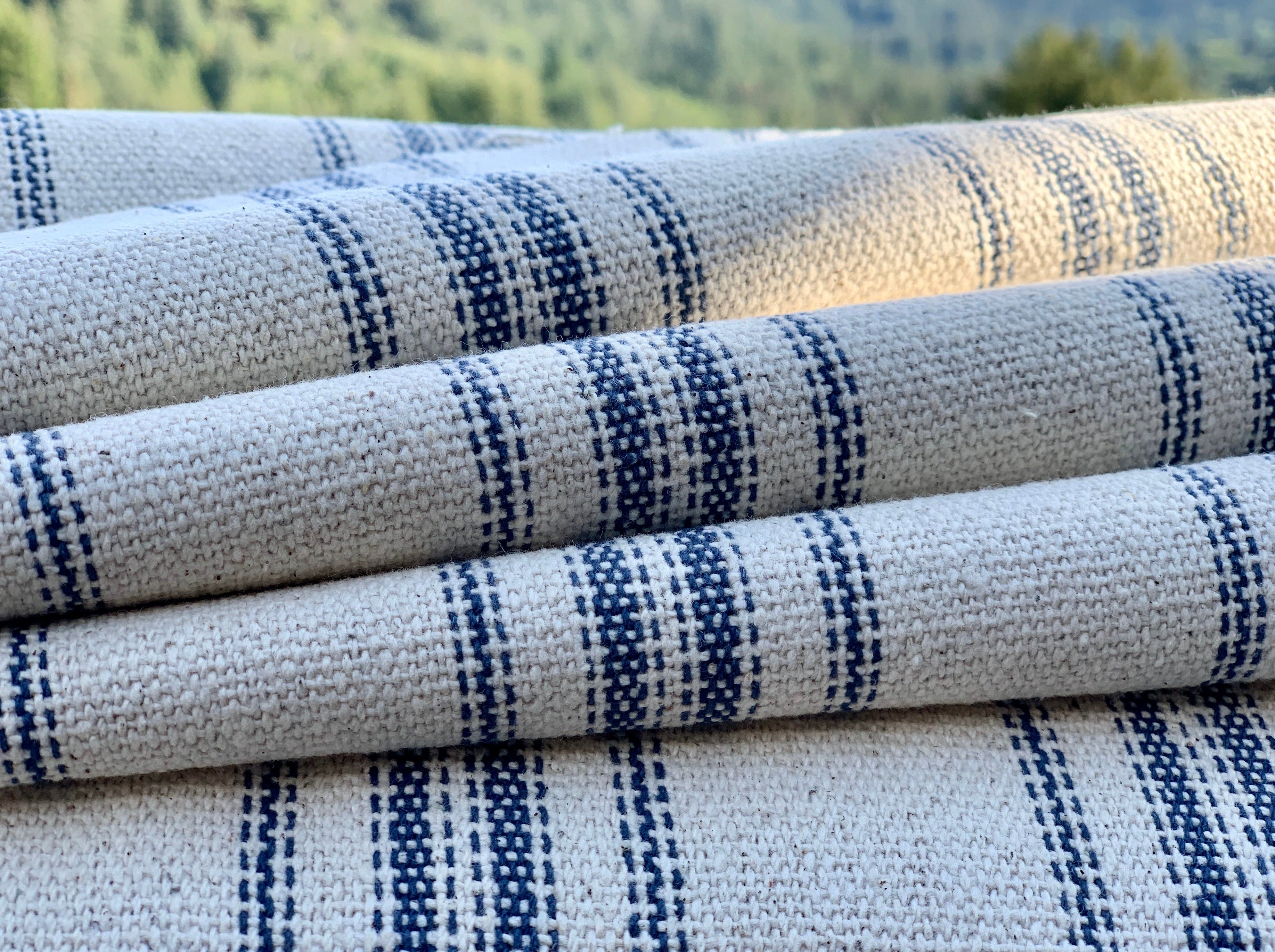 Blue Multi Stripes on Cream - Grain Sack Fabric